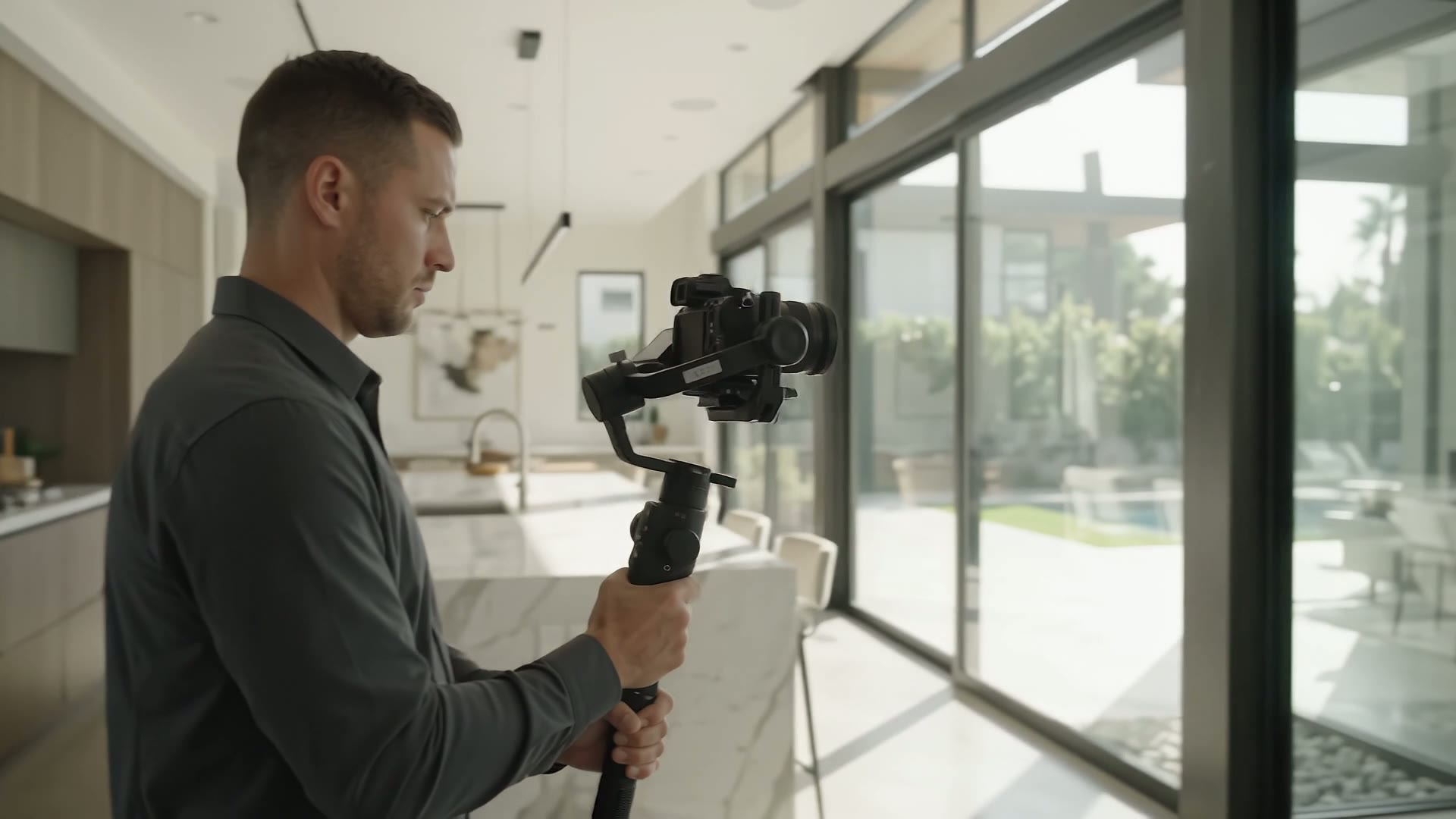 Videographer filming a modern home interior with a gimbal